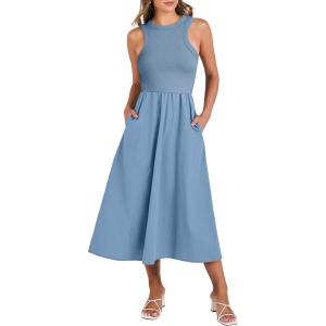 imageANRABESS Womens Summer Casual Sleeveless Midi Sundress Patchwork Knit High Neck Tank Top Racerback Flowy Dresses PocketsGray Blue