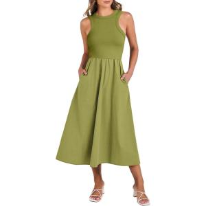 imageANRABESS Womens Summer Casual Sleeveless Midi Sundress Patchwork Knit High Neck Tank Top Racerback Flowy Dresses PocketsGreen