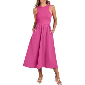 imageANRABESS Womens Summer Casual Sleeveless Midi Sundress Patchwork Knit High Neck Tank Top Racerback Flowy Dresses PocketsHot Pink