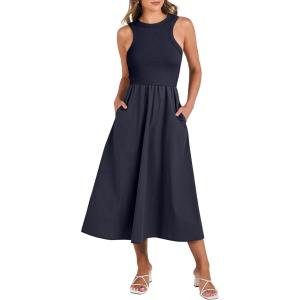 imageANRABESS Womens Summer Casual Sleeveless Midi Sundress Patchwork Knit High Neck Tank Top Racerback Flowy Dresses PocketsNavy Blue