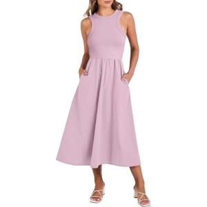 imageANRABESS Womens Summer Casual Sleeveless Midi Sundress Patchwork Knit High Neck Tank Top Racerback Flowy Dresses PocketsPink
