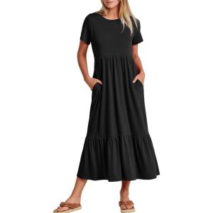 imageANRABESS Women Summer Casual Short Sleeve Crewneck Aline Swing Flowy Tiered Shirt Maxi Beach Long Dress 2025 Trendy OutfitsBlack