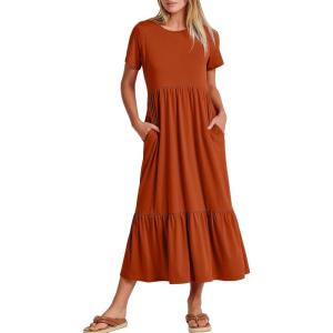 imageANRABESS Women Summer Casual Short Sleeve Crewneck Aline Swing Flowy Tiered Shirt Maxi Beach Long Dress 2025 Trendy OutfitsBrick Red