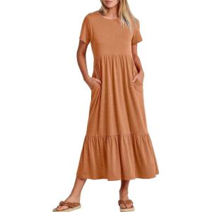 imageANRABESS Women Summer Casual Short Sleeve Crewneck Aline Swing Flowy Tiered Shirt Maxi Beach Long Dress 2025 Trendy OutfitsBrown