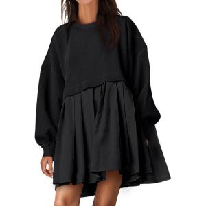 imageANRABESS Women Sweatshirts Dress Oversized Long Sleeve Patchwork Casual Loose Pleated Pullover Mini Dress Fall Outfits 2025Black