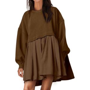 imageANRABESS Women Sweatshirts Dress Oversized Long Sleeve Patchwork Casual Loose Pleated Pullover Mini Dress Fall Outfits 2025Coffee