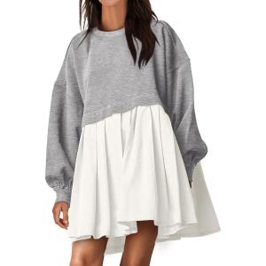imageANRABESS Women Sweatshirts Dress Oversized Long Sleeve Patchwork Casual Loose Pleated Pullover Mini Dress Fall Outfits 2025Light GreyWhite