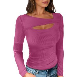 imageANRABESS Womens Cutout Tops Trendy Sexy Long Sleeve Shirts Ribbed Slim Fit Tee 2024 Fall Fashion Going Out Tshirts ClothesHot Pink