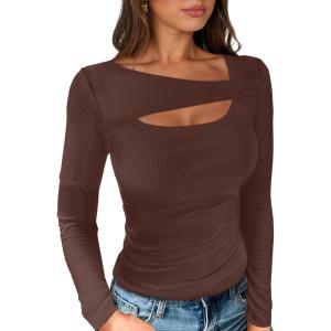 imageANRABESS Womens Cutout Tops Trendy Sexy Long Sleeve Shirts Ribbed Slim Fit Tee 2024 Fall Fashion Going Out Tshirts ClothesRed Brown