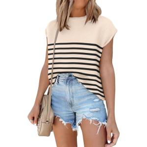 imageANRABESS Womens Summer Cap Sleeve Sweater Crewneck Sleeveless Knit Tops Casual Fit Vest 2025 Trendy Tank Top ShirtsStripe Apricot