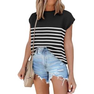 imageANRABESS Womens Summer Cap Sleeve Sweater Crewneck Sleeveless Knit Tops Casual Fit Vest 2025 Trendy Tank Top ShirtsStripe Black White