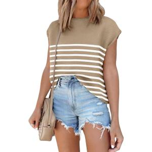 imageANRABESS Womens Summer Cap Sleeve Sweater Crewneck Sleeveless Knit Tops Casual Fit Vest 2025 Trendy Tank Top ShirtsStripe Coffee