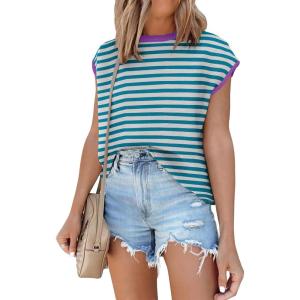imageANRABESS Womens Summer Cap Sleeve Sweater Crewneck Sleeveless Knit Tops Casual Fit Vest 2025 Trendy Tank Top ShirtsStripe Green Grey