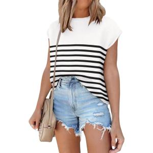 imageANRABESS Womens Summer Cap Sleeve Sweater Crewneck Sleeveless Knit Tops Casual Fit Vest 2025 Trendy Tank Top ShirtsStripe White