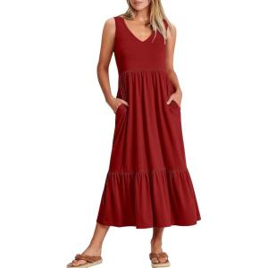 imageANRABESS Womens Summer Maxi Dresses Fit ampamp Flare Flowy V Neck Sleeveless Swing Casual Tiered Beach Sundress with PocketsBurgundy