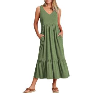 imageANRABESS Womens Summer Maxi Dresses Fit ampamp Flare Flowy V Neck Sleeveless Swing Casual Tiered Beach Sundress with PocketsGreen