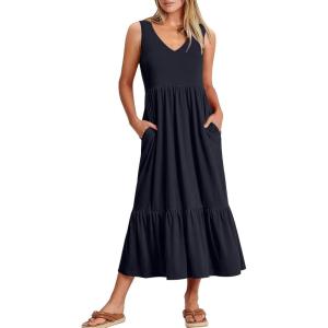 imageANRABESS Womens Summer Maxi Dresses Fit ampamp Flare Flowy V Neck Sleeveless Swing Casual Tiered Beach Sundress with PocketsNavy Blue