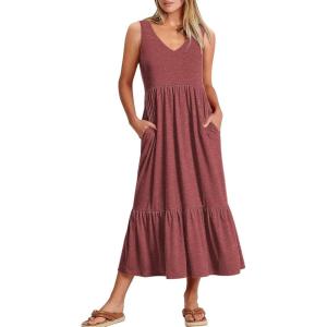 imageANRABESS Womens Summer Maxi Dresses Fit ampamp Flare Flowy V Neck Sleeveless Swing Casual Tiered Beach Sundress with PocketsRed