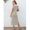 imageANRABESS Womens Summer Striped Midi Dress 2025 Casual Short Sleeve V Neck Loose Knitted Side Slit Long Beach DressesApricot Black Stripe
