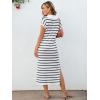 imageANRABESS Womens Summer Striped Midi Dress 2025 Casual Short Sleeve V Neck Loose Knitted Side Slit Long Beach DressesWhite Black Stripe