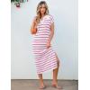imageANRABESS Womens Summer Striped Midi Dress 2025 Casual Short Sleeve V Neck Loose Knitted Side Slit Long Beach DressesWhite Hot Pink Stripe