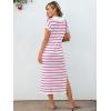 imageANRABESS Womens Summer Striped Midi Dress 2025 Casual Short Sleeve V Neck Loose Knitted Side Slit Long Beach DressesWhite Hot Pink Stripe