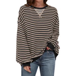 imageANRABESS Women Striped Oversized Sweatshirt Long Sleeve Crewneck Shirts 2025 Fall Fashion Pullover Sweater Trendy ClothesBlack Grey