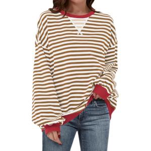 imageANRABESS Women Striped Oversized Sweatshirt Long Sleeve Crewneck Shirts 2025 Fall Fashion Pullover Sweater Trendy ClothesCaramel White