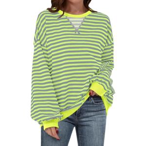 imageANRABESS Women Striped Oversized Sweatshirt Long Sleeve Crewneck Shirts 2025 Fall Fashion Pullover Sweater Trendy ClothesGrey Fluorescent Green
