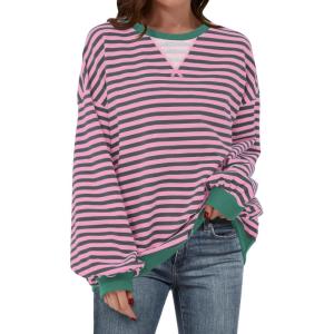 imageANRABESS Women Striped Oversized Sweatshirt Long Sleeve Crewneck Shirts 2025 Fall Fashion Pullover Sweater Trendy ClothesGrey Pink