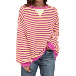 imageANRABESS Women Striped Oversized Sweatshirt Long Sleeve Crewneck Shirts 2025 Fall Fashion Pullover Sweater Trendy ClothesHot Pink Yellow