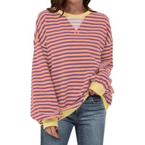 imageANRABESS Women Striped Oversized Sweatshirt Long Sleeve Crewneck Shirts 2025 Fall Fashion Pullover Sweater Trendy ClothesPurple Orange