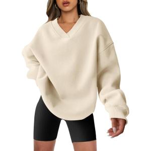 imageANRABESS Womens Oversized V Neck Sweatshirt Fleece Long Sleeve Hoodies Pullover Comfy Top Outfits 2024 Teen Preppy ClothesBeige