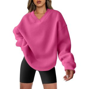 imageANRABESS Womens Oversized V Neck Sweatshirt Fleece Long Sleeve Hoodies Pullover Comfy Top Outfits 2024 Teen Preppy ClothesHot Pink