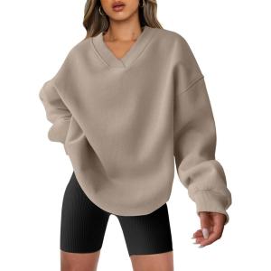 imageANRABESS Womens Oversized V Neck Sweatshirt Fleece Long Sleeve Hoodies Pullover Comfy Top Outfits 2024 Teen Preppy ClothesLight Brown
