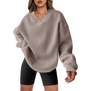 imageANRABESS Womens Oversized V Neck Sweatshirt Fleece Long Sleeve Hoodies Pullover Comfy Top Outfits 2024 Teen Preppy ClothesLight Khaki