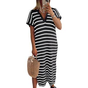 imageANRABESS Womens Summer Striped Midi Dress 2025 Casual Short Sleeve V Neck Loose Knitted Side Slit Long Beach DressesBlack White Stripe