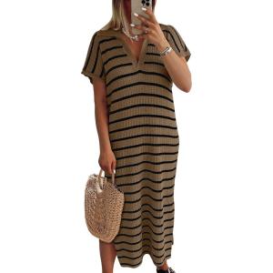 imageANRABESS Womens Summer Striped Midi Dress 2025 Casual Short Sleeve V Neck Loose Knitted Side Slit Long Beach DressesBrown Black Stripe
