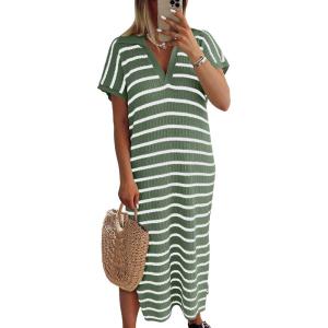 imageANRABESS Womens Summer Striped Midi Dress 2025 Casual Short Sleeve V Neck Loose Knitted Side Slit Long Beach DressesGreen White Stripe