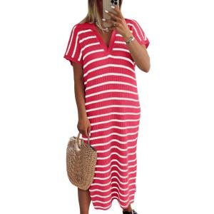 imageANRABESS Womens Summer Striped Midi Dress 2025 Casual Short Sleeve V Neck Loose Knitted Side Slit Long Beach DressesRed White Stripe