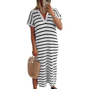 imageANRABESS Womens Summer Striped Midi Dress 2025 Casual Short Sleeve V Neck Loose Knitted Side Slit Long Beach DressesWhite Black Stripe