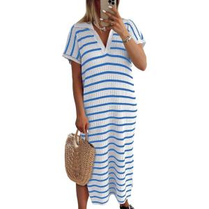 imageANRABESS Womens Summer Striped Midi Dress 2025 Casual Short Sleeve V Neck Loose Knitted Side Slit Long Beach DressesWhite Blue Stripe