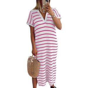 imageANRABESS Womens Summer Striped Midi Dress 2025 Casual Short Sleeve V Neck Loose Knitted Side Slit Long Beach DressesWhite Hot Pink Stripe