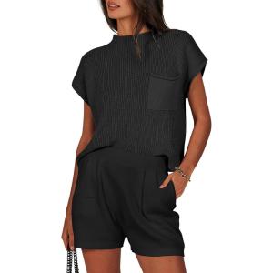 imageANRABESS Womens Two Piece Summer Outfits Knit Sweater Short Sets Pullover Tops ampamp Shorts Lounge Matching Clothes SetBlack