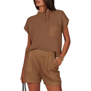 imageANRABESS Womens Two Piece Summer Outfits Knit Sweater Short Sets Pullover Tops ampamp Shorts Lounge Matching Clothes SetDeep Brown