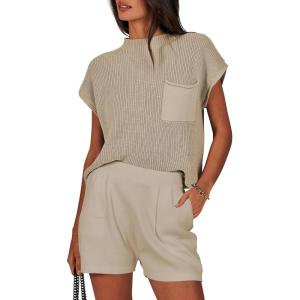 imageANRABESS Womens Two Piece Summer Outfits Knit Sweater Short Sets Pullover Tops ampamp Shorts Lounge Matching Clothes SetKhaki