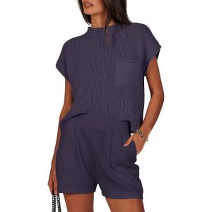imageANRABESS Womens Two Piece Summer Outfits Knit Sweater Short Sets Pullover Tops ampamp Shorts Lounge Matching Clothes SetPurple