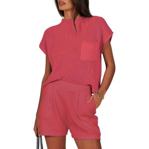 imageANRABESS Womens Two Piece Summer Outfits Knit Sweater Short Sets Pullover Tops ampamp Shorts Lounge Matching Clothes SetRose