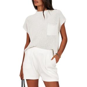 imageANRABESS Womens Two Piece Summer Outfits Knit Sweater Short Sets Pullover Tops ampamp Shorts Lounge Matching Clothes SetWhite