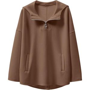 imageANRABESS Womens Oversized Hoodie Quarter Zip Sweatshirts 2025 Spring Tunic Pullover Top Trendy Teen Girls Preppy ClothesBrown